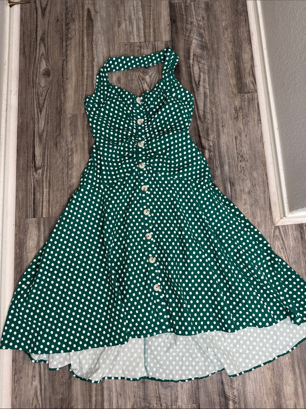 NWT Maeve Anthropologie Halter Ruched Midi Green Polka Dot Dress 6 Petite - Picture 2 of 6